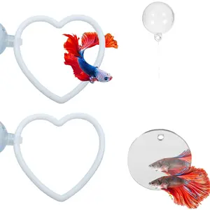 Beta Fish Aquariums Accessories, 1 Mirror with Floating Ball & 2 Exercise Training Ring Toys, Fish Feeding Ring, Betta Fish Toys Set for Tank, Enrichment Toys for Fish (Heart Shape)
