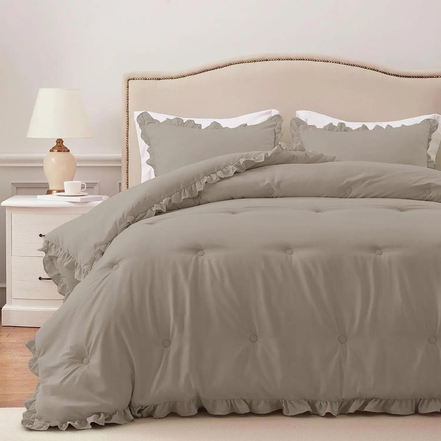 King Size Microfiber Bedding Set - 3-Piece Fluffy Oatmeal Ruffle Comforter with 2-Inch Ruffle Edge, Pillow Shams; Neutral Tone Shabby Chic Bedroom Accessories for King Bed Setup