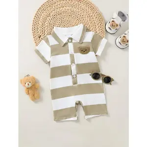 Baby Boys Mystery Striped Polo Romper,Teddy Bear Patch Short Sleeve Turn-Down Collar One-Piece Outfit  for 1-18M Ready Stock 42511069 Set