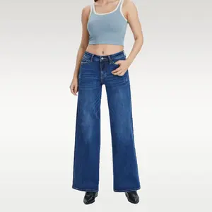 ONESO Mid-low Rise Baggy Jeans Stretchy Wide Leg for Women Distressed Pants Light Blue/Dark Blue Womenswear Bottom 8001 Lady Basic Minimalist Comfortable Denim Tummy Control Curve Hugging Plus Size Regular Size BBL