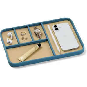 Leather Valet Tray -  Blue - 11.8x7.9 Inch Large-Sized Vegan Leather Tray - Stylish Nightstand Organizer for Men - Modern Bedside  - EDC Catchall for  Watch Wallet Jewellery