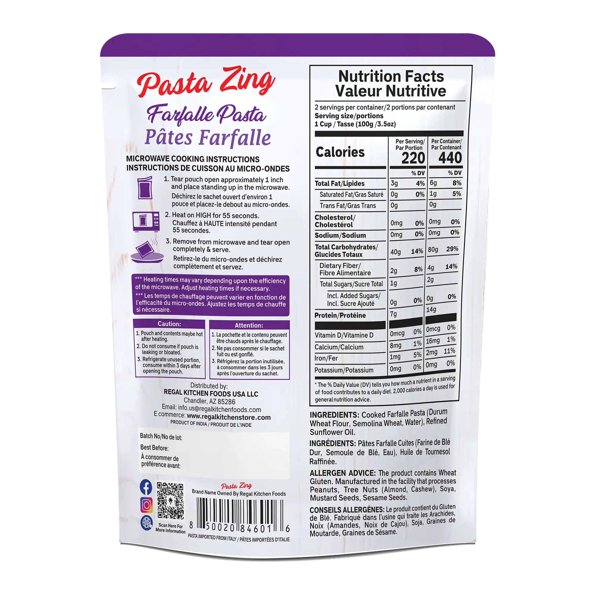 Pasta Zing Farfalle Pasta Pack of 7 | Ready in 1 Minute | Fully Cooked Bowtie Pasta | 14g Protein Per Pouch | Non-GMO | Perfect Al Dente Bite