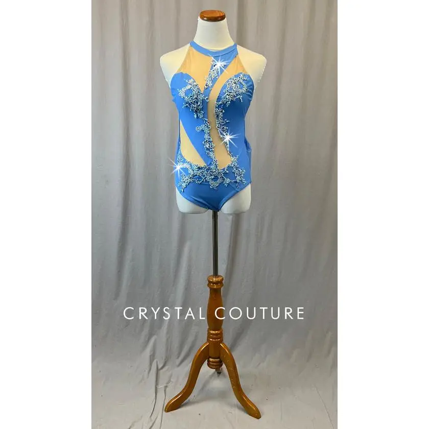 Blue Cutout Leotard with Mesh Wings - Appliques and Rhinestones