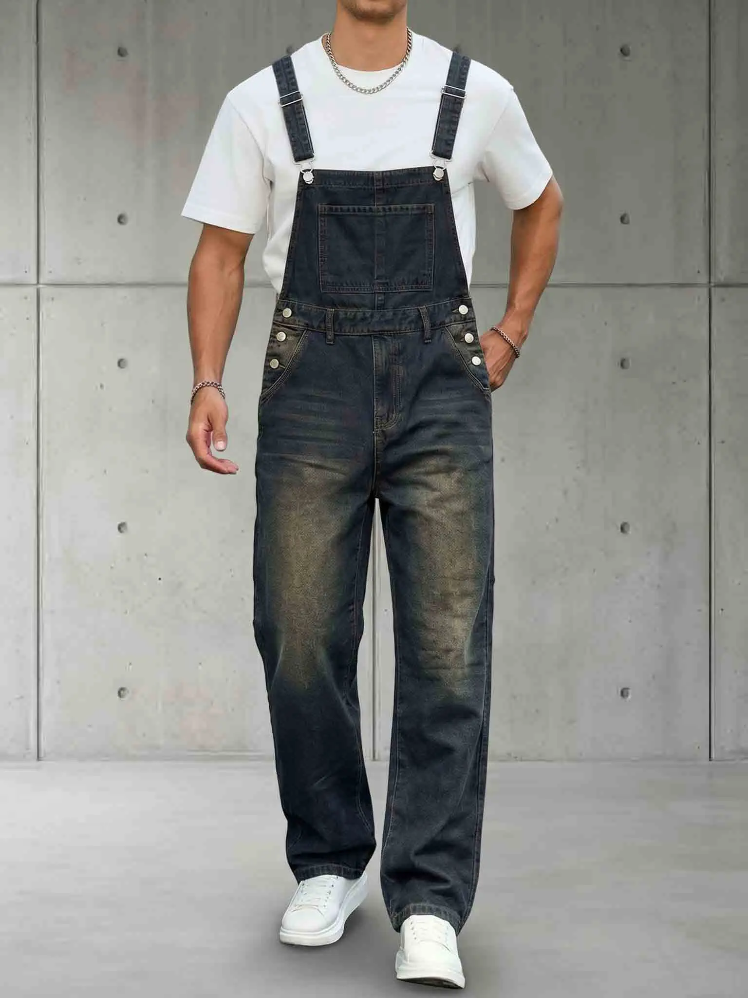 Men's Classic Solid Effortless Adjustable Baggy Cotton Denim Overalls - Vintage Wash, Loose Fit Style, Casual Streetwear Workwear Outfits, Outdoor Classic Pocket Menswear, Clothes, Effortless Overalls, Adjustable Overalls, Washed, High-Quality Denim Overa