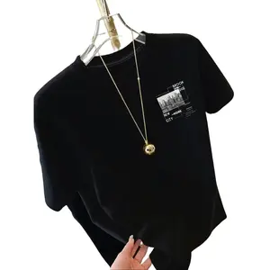 T-shirt with Brooklyn Bridge, New York print, short sleeve, round neck, casual top for summer and spring, women's clothing