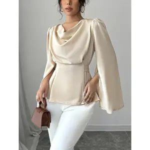 Women's Spring/Summer Series Elegant Solid Color Polyester Blouse, Collar Shawl Design with Belt Detail, Regular Length, Textile Fabric, Split Sleeve Design