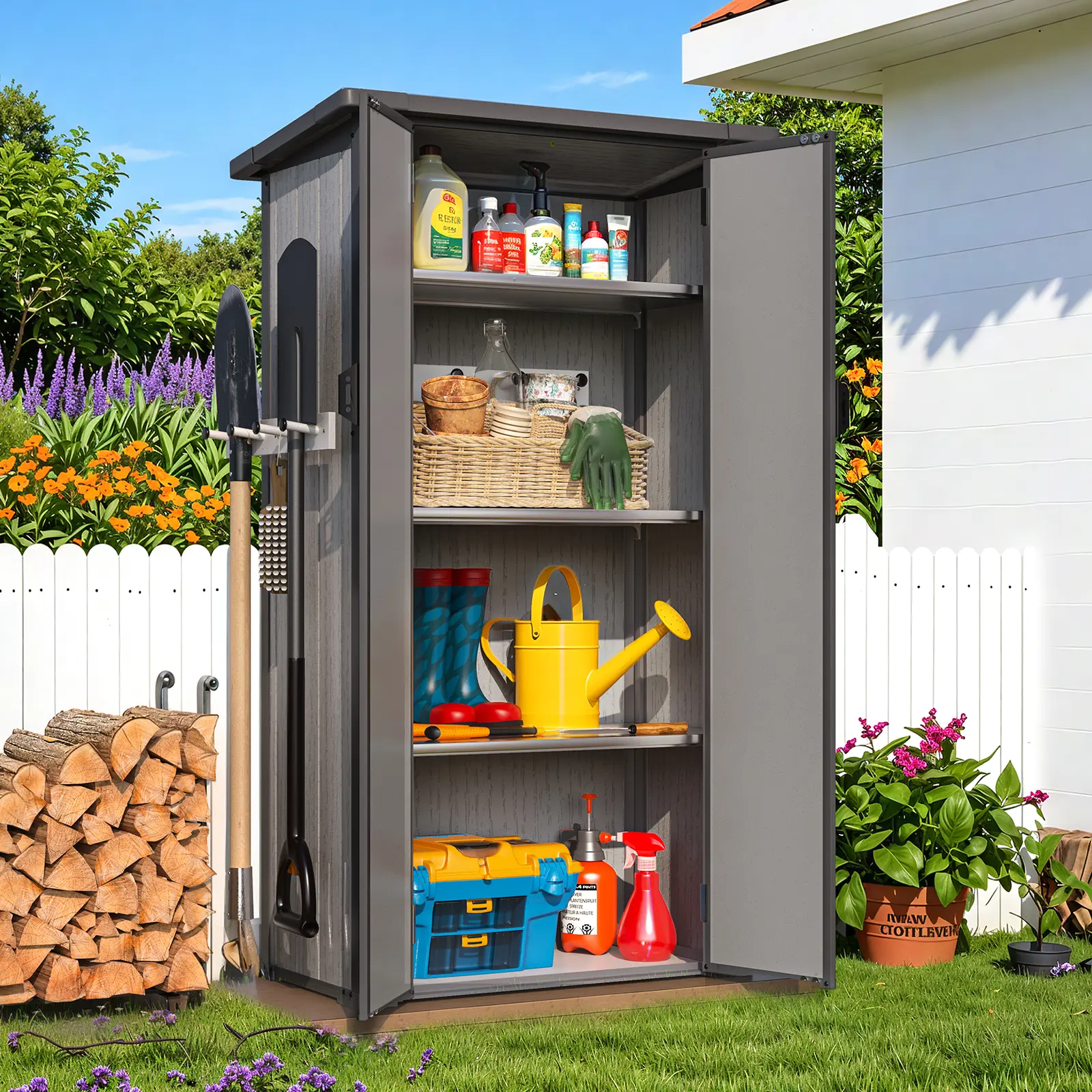 YODOLLA Tall Outdoor Storage Cabinet with 3 Adjustable Shelves,Plastic Garden Cupboard Weatherproof with Sloped Roof for Garage, Shed & Patio