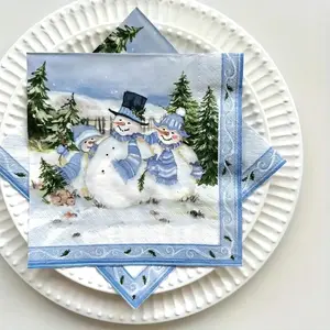【Festive Christmas Napkins】 20/100/200-Pack Large 13x13 Inch Christmas Napkins, Heavy-Duty Disposable Party Decorations with with Winter Snowman, Pine Trees & Floral Border Designs in Blue & White, for Christmas Party Decorations