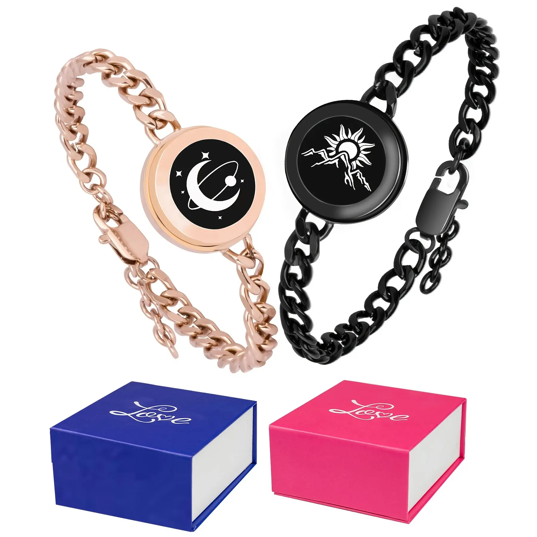 Long Distance Touch Bracelets, Vibration & Light up Remote Smart Matching Couples Bracelet for Couples Long Distance Relationship Girlfriend Boyfriend Black Golden Jewelry Set, Simply Tap Your Bracelet Your Partner's Bracelet Will Flash and Vibrate
