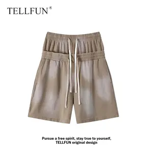 TELLFUN Men's Washed High-Waist Fabric Shorts - Menswear Stylish Double-Layer Waistband, Baggy Fit, Drawstring Closure, Pockets, Unisex Casual Streetwear 2-in-1
