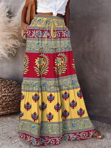 Boho Style Colorblock Floral Skirt, Loose Plus Size Beach Dress, High Waist Drawstring Layered Long Skirt, Women's Fashion