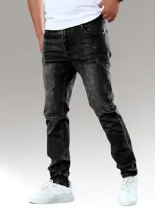 Men's stretchy, simple slim-fit jeans with multiple construction techniques, slimming blue men's trousers, suitable for all seasons. Menswear Pants Denim Operator Streetwear