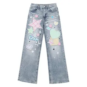 Pastel Y2K Star Heart Patch Jeans Women's Wide Leg Denim Pants Cute Kawaii High Waist Baggy Stretch Light Wash Graphic Aesthetic Streetwear Loose Fit Vintage Denim Bottom - Womenswear