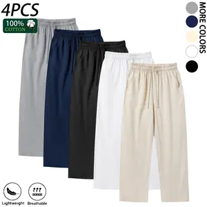 Men’s 100% cotton wide-leg casual pants, drawstring elastic waist, loose straight-leg long pants, lightweight for summer everyday streetwear with pockets