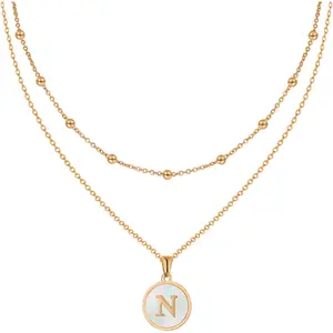 Initial Necklaces for Women,18K Gold Silver Rose Gold Shell Letter Necklaces for Girls,Coin Pendants Stainless Steel Layered Initial necklace Jewelry