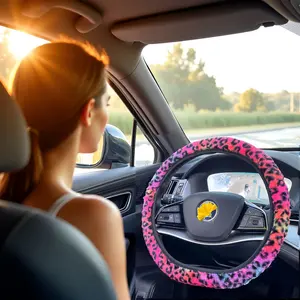 Cheetah Fuzzy Steering Wheel Cover, Girly Pink Fluffy Steering Wheel Cover, Pink Furry Leopard Wheel Protector, Women Girl Cute Car Accessories Fit D-Shape O-Shape 14.5" to 15"