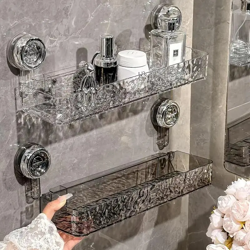 Modern Wall-Mounted Bathroom Storage Rack, Suction Cup No-Drill Storage Rack, Bathroom Vanity Countertop Accessory Rack, Hanging Toiletries and Essentials Rack, Hangable, Bathroom Storage Supplies, Bathroom Organization Accessories