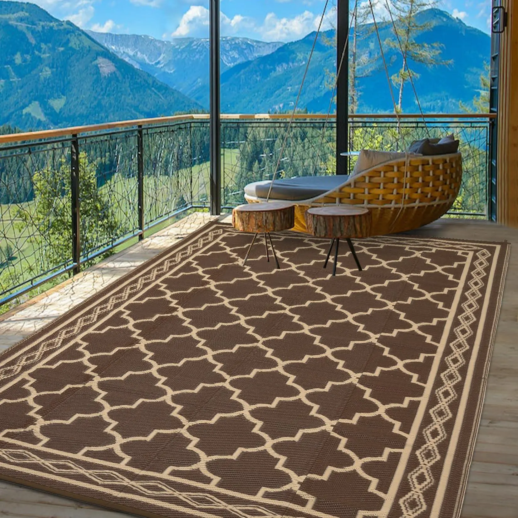 8x10ft Outdoor Patio Rug, Large Waterproof Reversible Carpet for Deck Backyard Balcony, Plastic Straw RV Camping Mat Easy Clean,Brown/Coffee