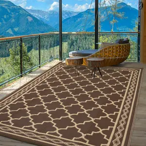 8x10ft Outdoor Patio Rug, Large Waterproof Reversible Carpet for Deck Backyard Balcony, Plastic Straw RV Camping Mat Easy Clean,Brown/Coffee