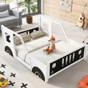 [Bellemave]Full Size Classic Car-Shaped Platform Bed with Wheels,White