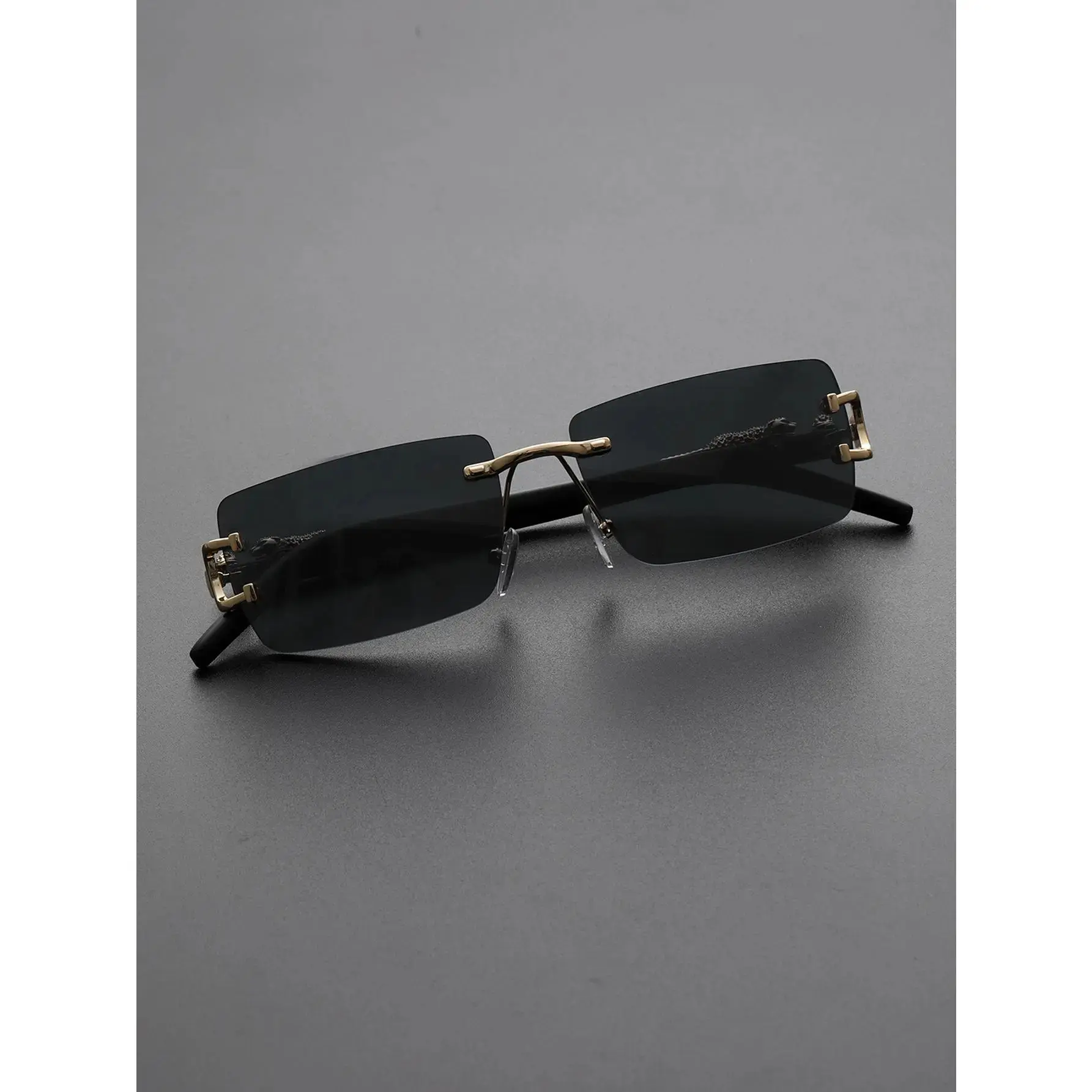 Rimless Rectangle Sunglasses for Women with Gold Dragon Detail & Stunning Blue-Purple Gradient Lenses, Lightweight Minimalist Eyewear with UV400 Protection for Parties & All-Day Wear, Uv-Protection Lens, Uv400 Eyewear, Matte Black, Female
