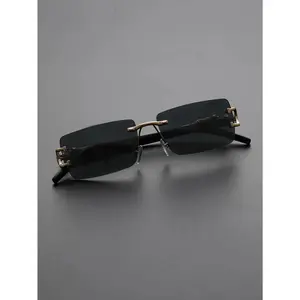 Designer Inspired Frameless Rectangular Sunglasses - Luxury Gold Dragon Detail Gradient Lens Shades, Retro Modern Trendy Eyewear for Men Women, Ultra Lightweight UV400 Sun Glasses for Everyday Chic & Beach Outfits