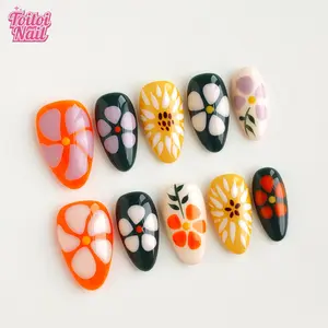 Retro Colorful Floral Acrylic Nail Set, Short Almond Shape, 10pcs Handmade Reusable Nails, Glossy Finish, Reusable DIY Manicure Nail Art Kit for Spring Summer, Nail Tips Kit