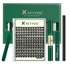 KEYYOU Lash Clusters Kit 144pcs Thick Volume D Curl Eyelash Clusters Lash Extension Kit with Mascara Brush Bond and Seal Glue Remover Applicators and Brush for DIY Lash Extensions (Y02)