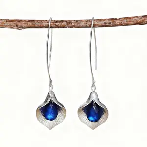 Orchid Bud Long Earrings Fashionable & Creative Blue Zircon Inlaid High-Quality Jewelry for Women Elegant Sparkle