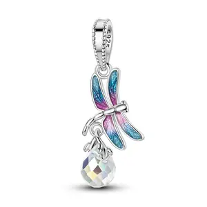 MULA 925 silver plated dragonfly charm with colorful enamel wings and crystal pendant, suitable for pandora bracelet, elegant and natural style, suitable gift for women and girls