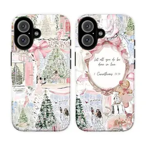 Pastel Pink Christmas Elegant Collage Phone Case with Coquette Holiday Bible Verse , Nutcracker Christmas Pink Bow and festive tree| Compatible for iPhone 17-11 and for Samsung Series|Perfect Christmas Gift for Her Him Christmas idea