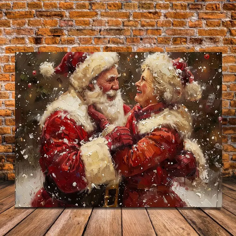 Pudraw 1 Piece Wooden Frame Canvas Painting, Santa Claus and Mrs. Canvas Wall Art, Holiday Decoration, Canvas Prints, Happy Dancing Painting, Suitable for Living Room, Thanksgiving, Christmas