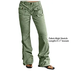 Flamingals Solid Flap Pocket Mid Rise Straight Leg Pants High Stretch Fabric Machine Washable 31.1" Inseam Classic Silhouette