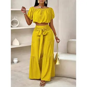 Women's Solid Color Top & Wide Leg Pants Set, Casual Off Shoulder Top & Palazzo Pants for Summer, 2 Piece Sets Women, Ladies Clothes for Beach Holiday Vacation outfit  sets  women