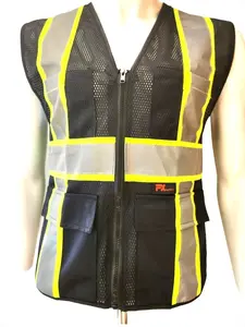 FX SAFETY Black Safety Vest with 4 Pockets / SOLID KNIT FABRIC FRONT, MESH BACK