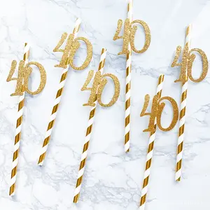 40th Birthday Paper Straws with Glitter "40" Cutouts – 12-Pack