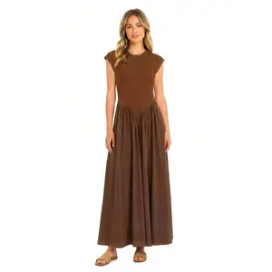 Chouyatou Womens Spliced Cap Sleeve A Line Maxi Dress Casual Daily Flowy Long Dress