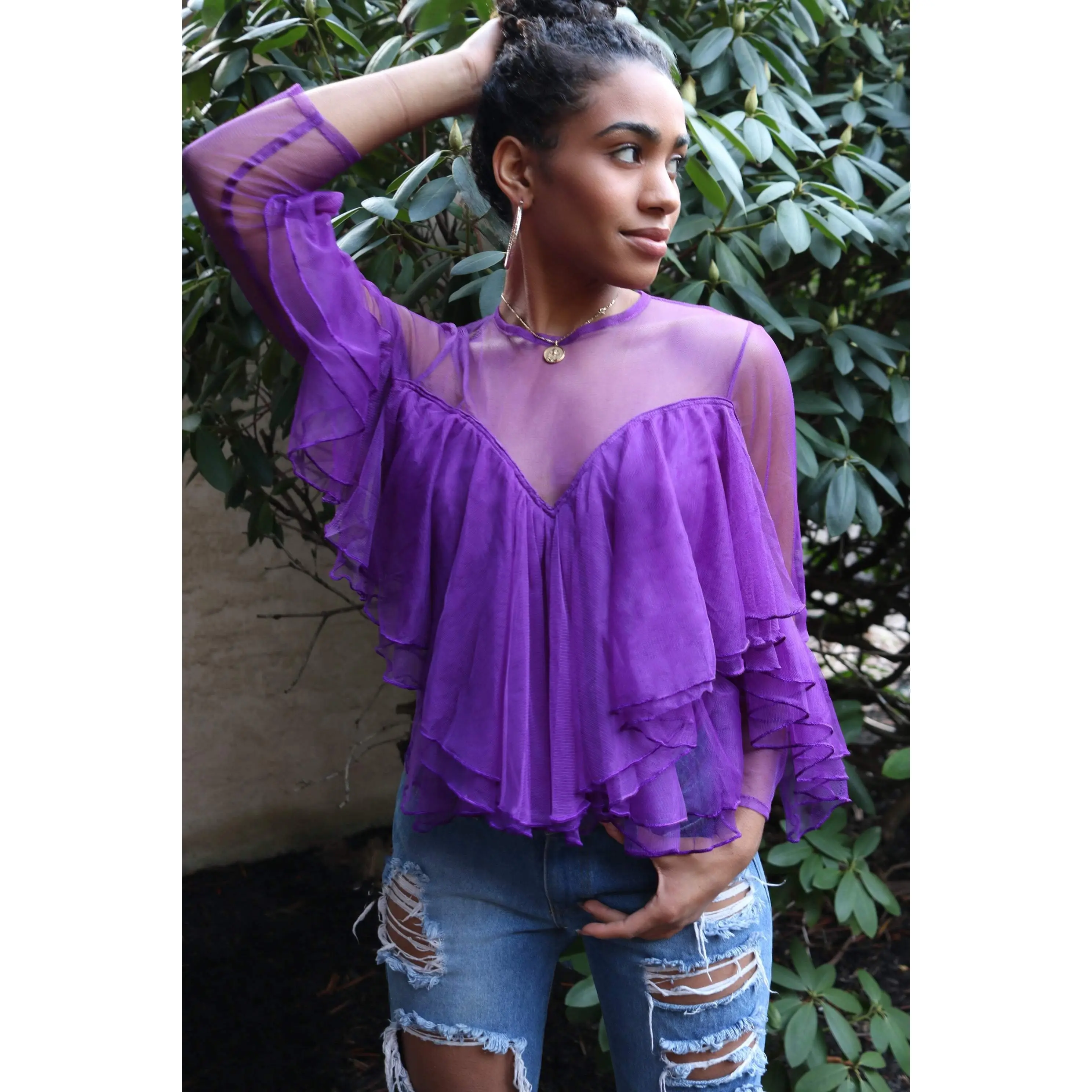 Natalia Purple Ruffle Top with Long Sleeves and Tulle Mesh Material for Women, Elegant and Comfortable Blouse Womenswear Ruffled Shirts Longsleeves Chic