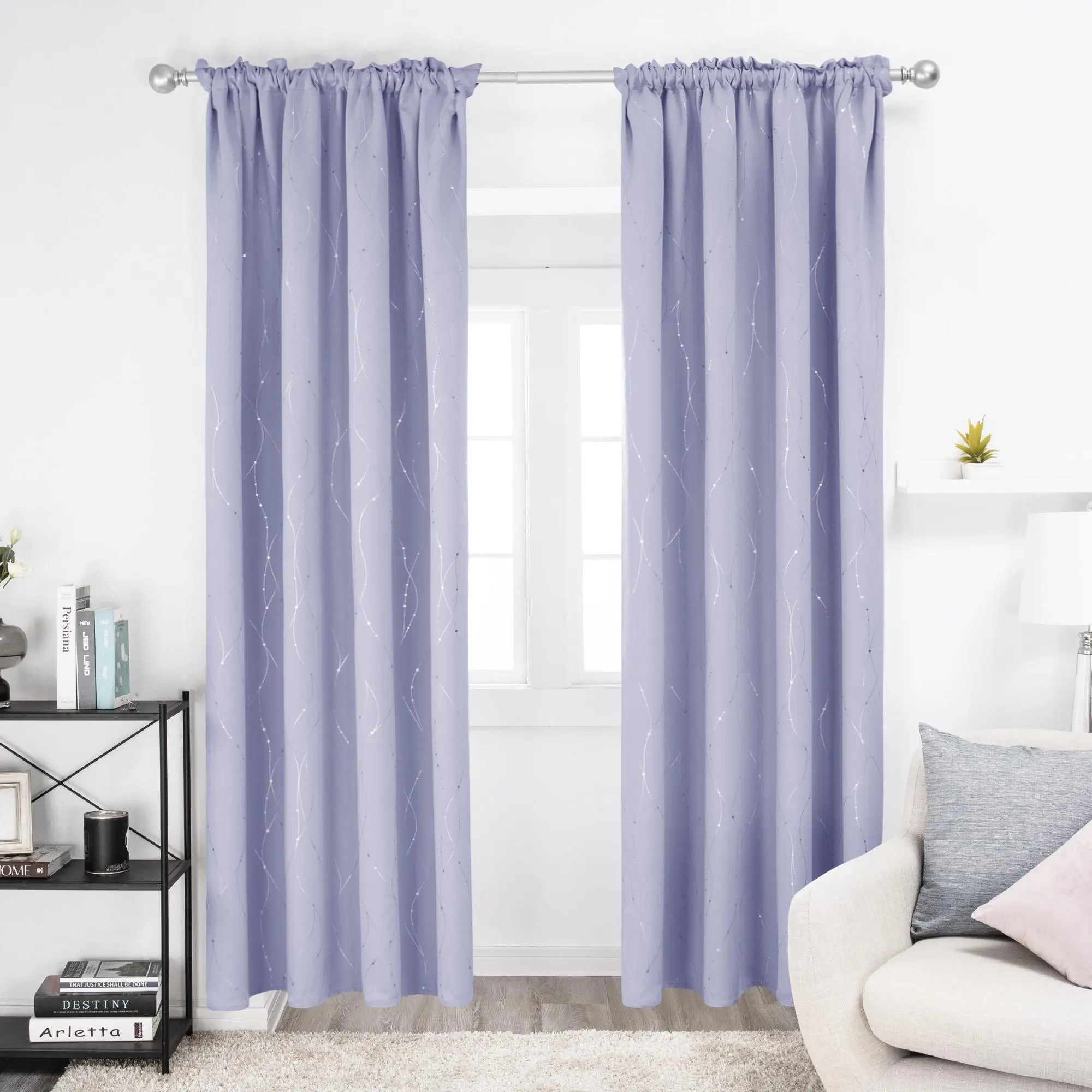 Deconovo Blackout Curtains Silver Foil Small Dot Line Print Rod Pocket Design for Home Decor
