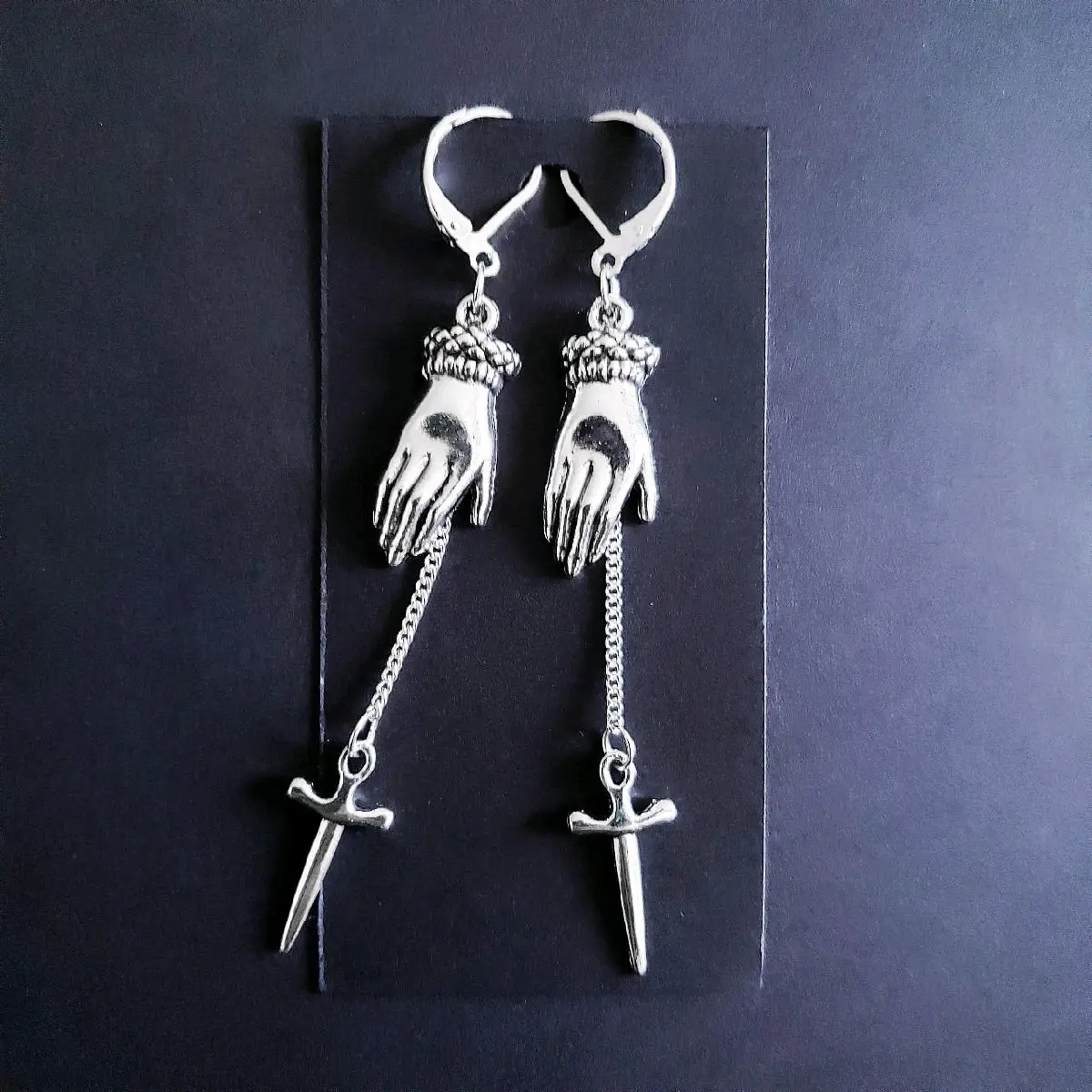 Silver Hand Dagger Chain Earrings 001