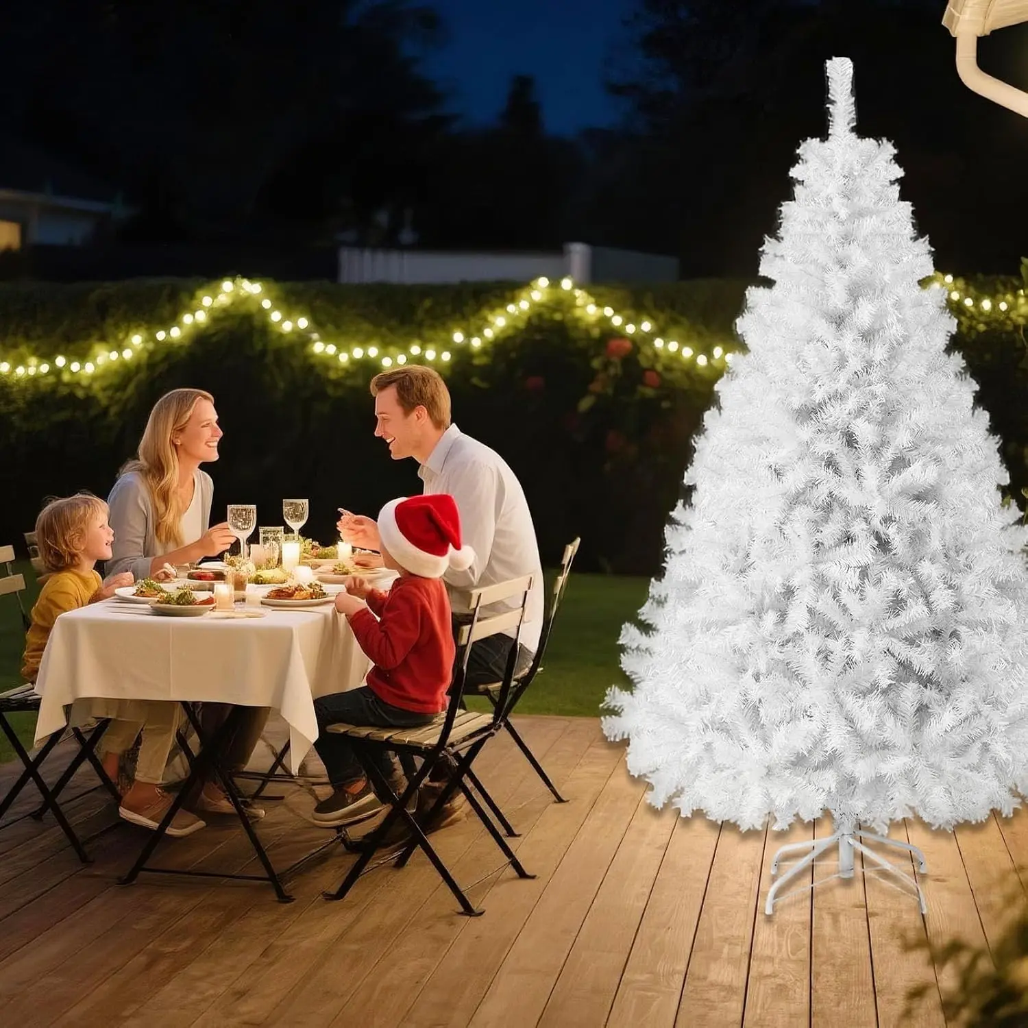 White Artificial Christmas Tree, 8ft Premium Unlit Hinged Spruce Full Tree, with 1300 Branch Tips and Metal Stand, Easy Assembly, for Indoor and Outdoor Use