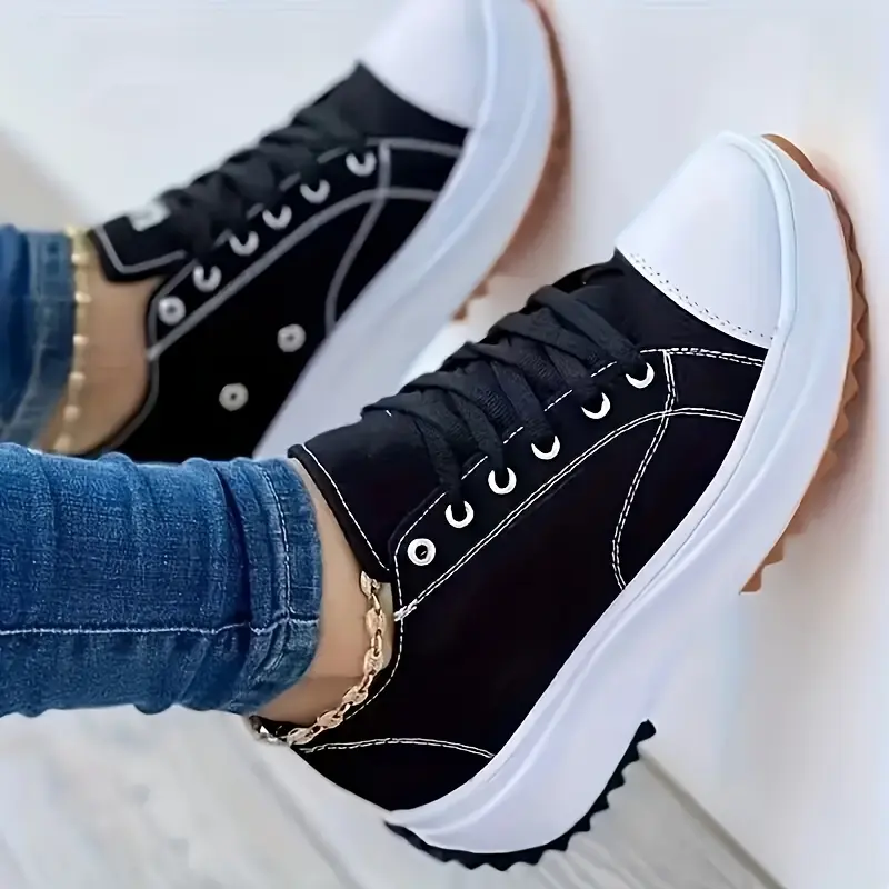 Chunky Platform Sneakers for Women, Casual Mixed Fabric and PU Leather Lace-Ups with Non-Slip Soles for Everyday Training, Tpu, Shoe, Walking Shoes