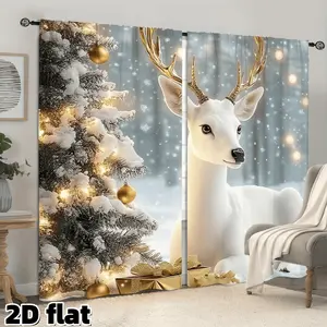 2D Flat 2Pcs Nordic Christmas Deer Pattern Curtains Holiday Theme Semi Sheer Drapes Golden Antler Design Window Treatment Light Filtering Panels for Living Room Bedroom Home Decor Christmas Gift Window Accessory Privacy Protection