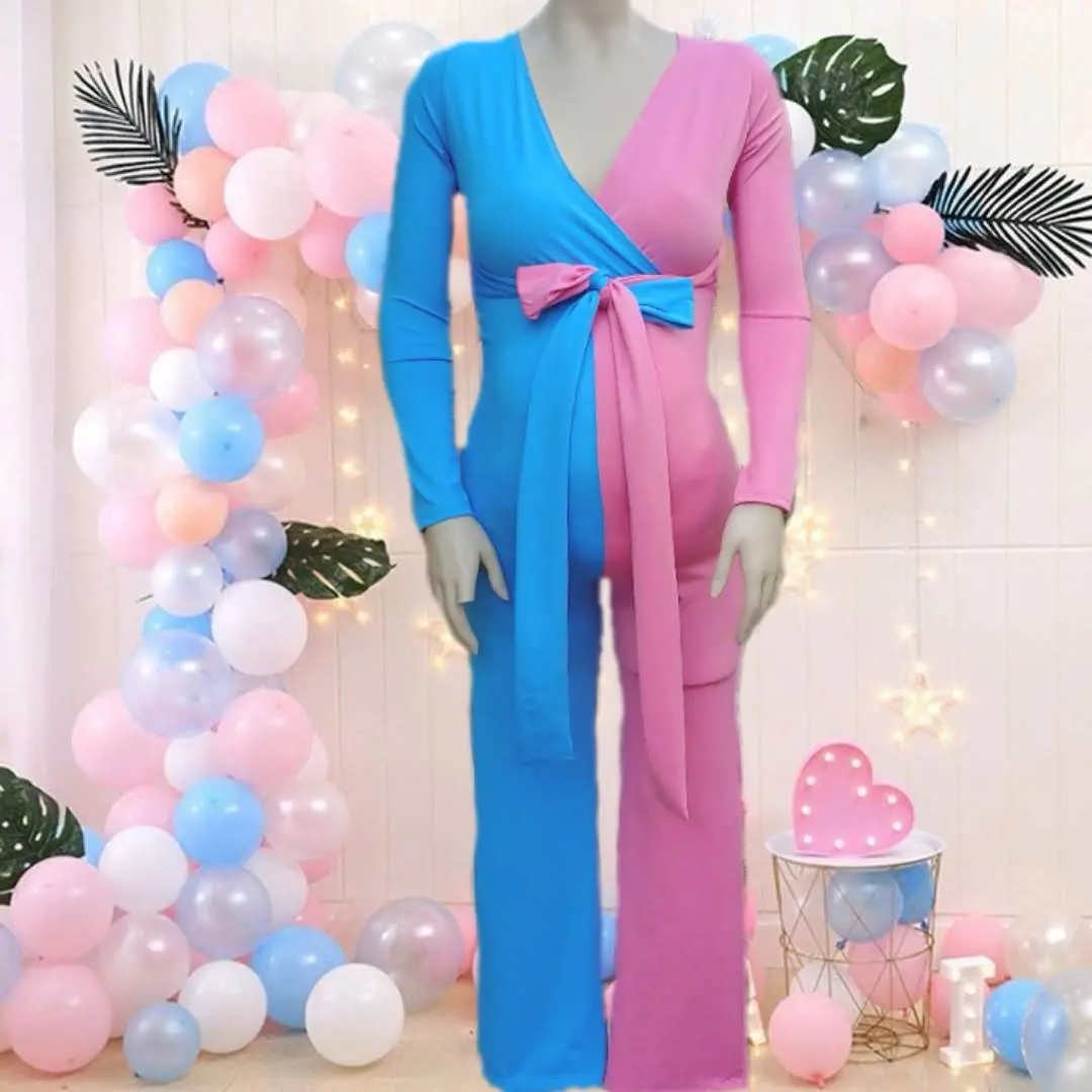 pink and blue maternity dress for gender reveal Pink&Blue Lace Backless Side Slit Gender Reveal Cute Maternity Maxi Dress  for Photoshoot – SeinDeal main image 1