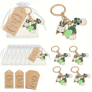 Green 45pcs Potted Succulent Plant Keychain Gift Set, 15 Sets with 15 Brown "Thank" Tags and White Fillers, Housewarming Party Favors for New Home Moving-In Parties Wedding Birthday Forest Theme Events Guest Thank You Tokens