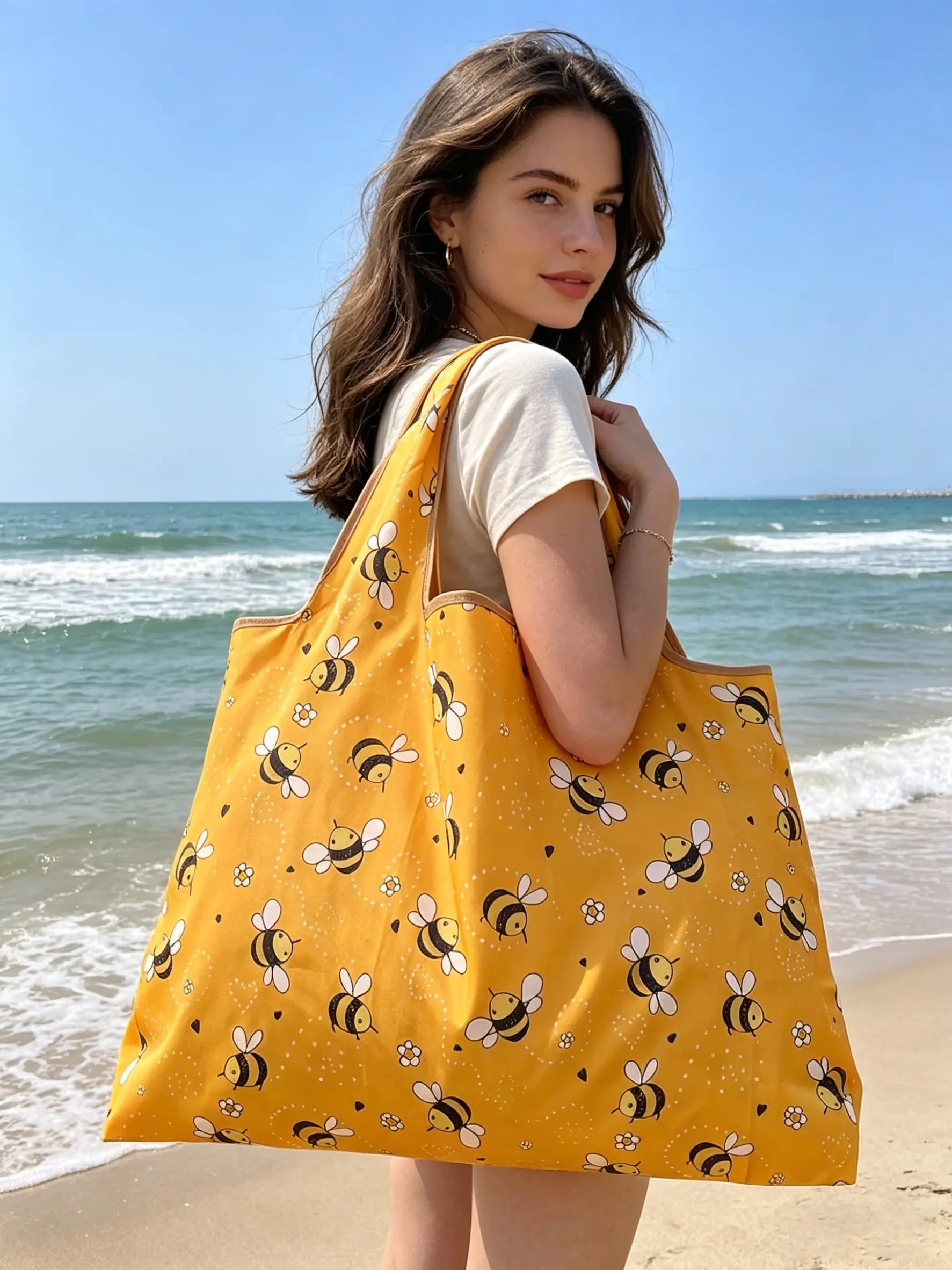 Large Capacity Cartoon Bee Pattern Tote Bag, Foldable Shoulder Backpack, Nylon Material, Ideal for Shopping, Camping, Travel, Reusable Bag