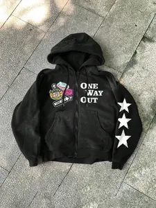Men's Vintage Punk Zip Hoodie, Fleece Pullover, Multi-Logo Patch, Star Print Sleeves, Comfortable Warm Design, Street Style