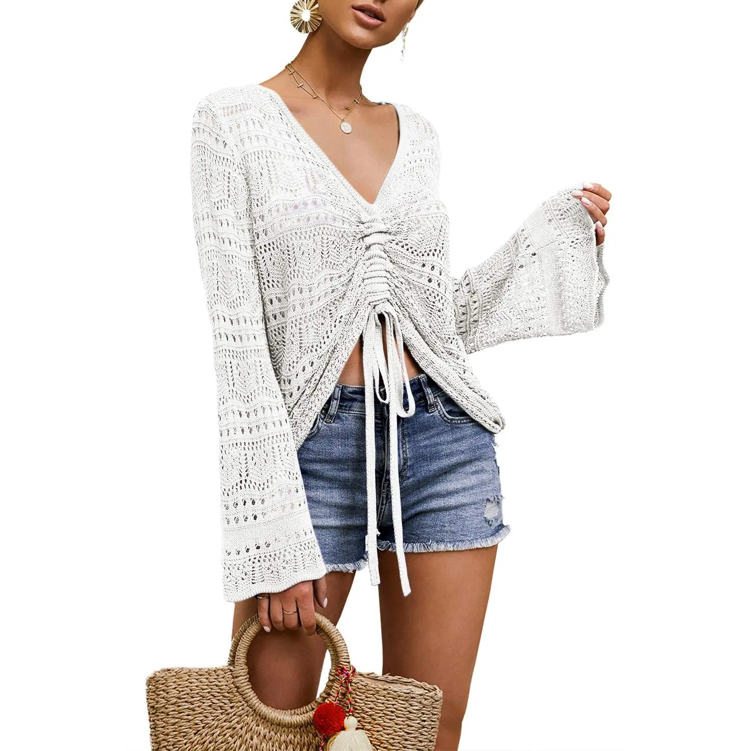 Saodimallsu Women's Bohemian Off-Shoulder Sheer Crop Knit Top - Apricot, Long Sleeve Bell Sleeves, Flowy Oversized Crochet Ruched Pullover, for Boho Outfits, Summer Outdoor Activities (Longsleeves, Off Shoulder Tops) summerwins