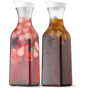 50 Oz Water Carafe with Flip Top Lid, Set of 2 Square Base Containers, Clear Plastic Pitcher - for Iced Tea, Juice, Beverage, Milk, Cold Brew and Mimosa Bar - HAND WASH ONLY