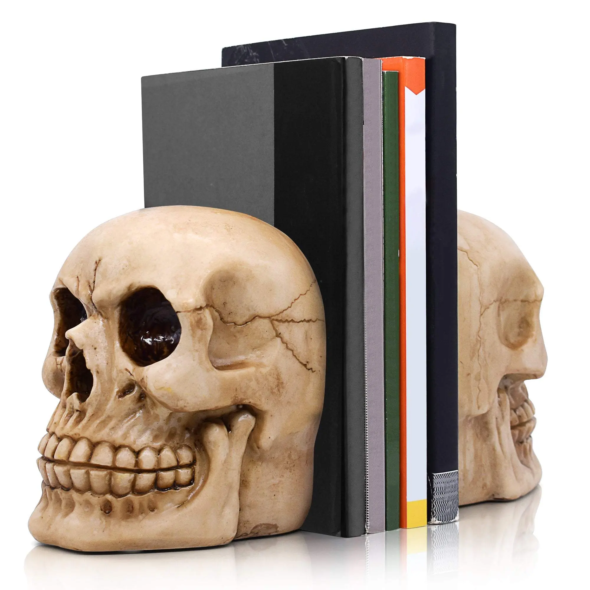Skull Bookends for Books - Gothic Decor for Home Office Desk - Halloween